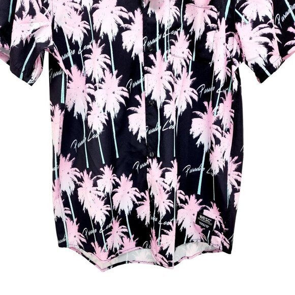 Wesc Mens Black Pink Palm Tree Print ButtonUp Shirt Short Sleeve Lightweight S - Picture 10 of 10